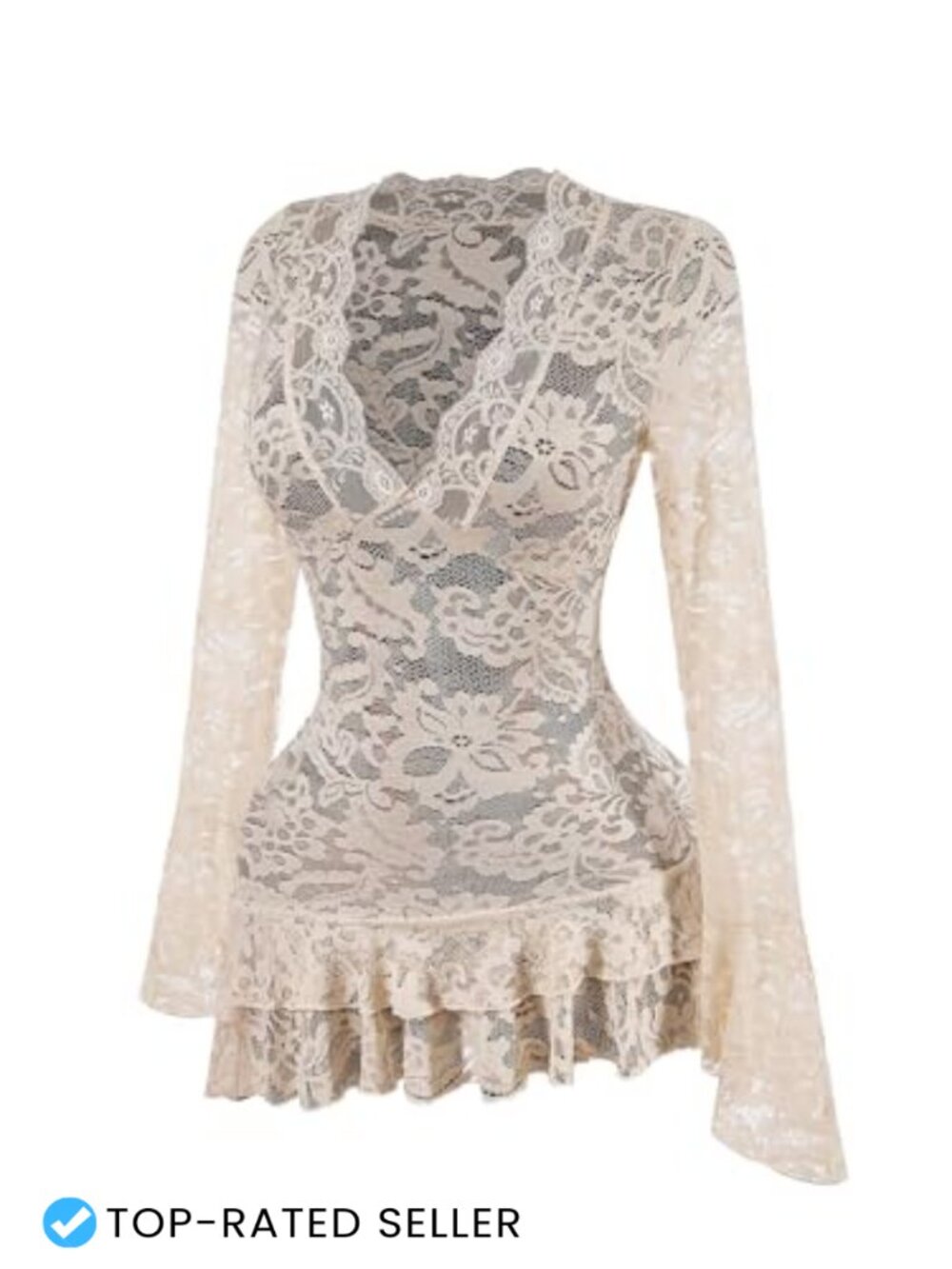 Women's Y2K Sheer Lace Mini Dress Long Sleeve V-Neck Fit & Flare